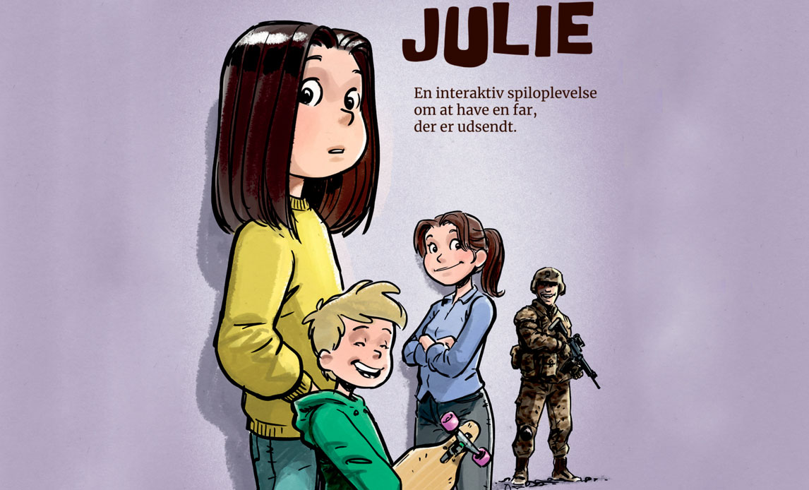 Illustration fra Julie-spillets forside med en ung pige i billedets midte. Foran hende ses hendes lillebror, og lige bag de to børn står en mor, mens en uniformeret soldat, familiens far, står på distancen.
